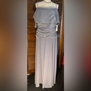 R&M Richards NWT Size 16W Grey evening gown -silver sequins & rhinestone straps